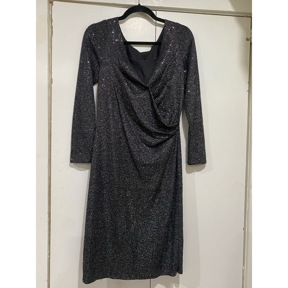 Carmen Marc Valvo Dress Sz 8 Black Silver Beaded Neck Sequin Cocktail Midi - Picture 12 of 12